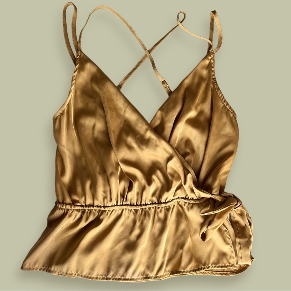 LOVE TREE silky, gold surplice tank top. Size medium